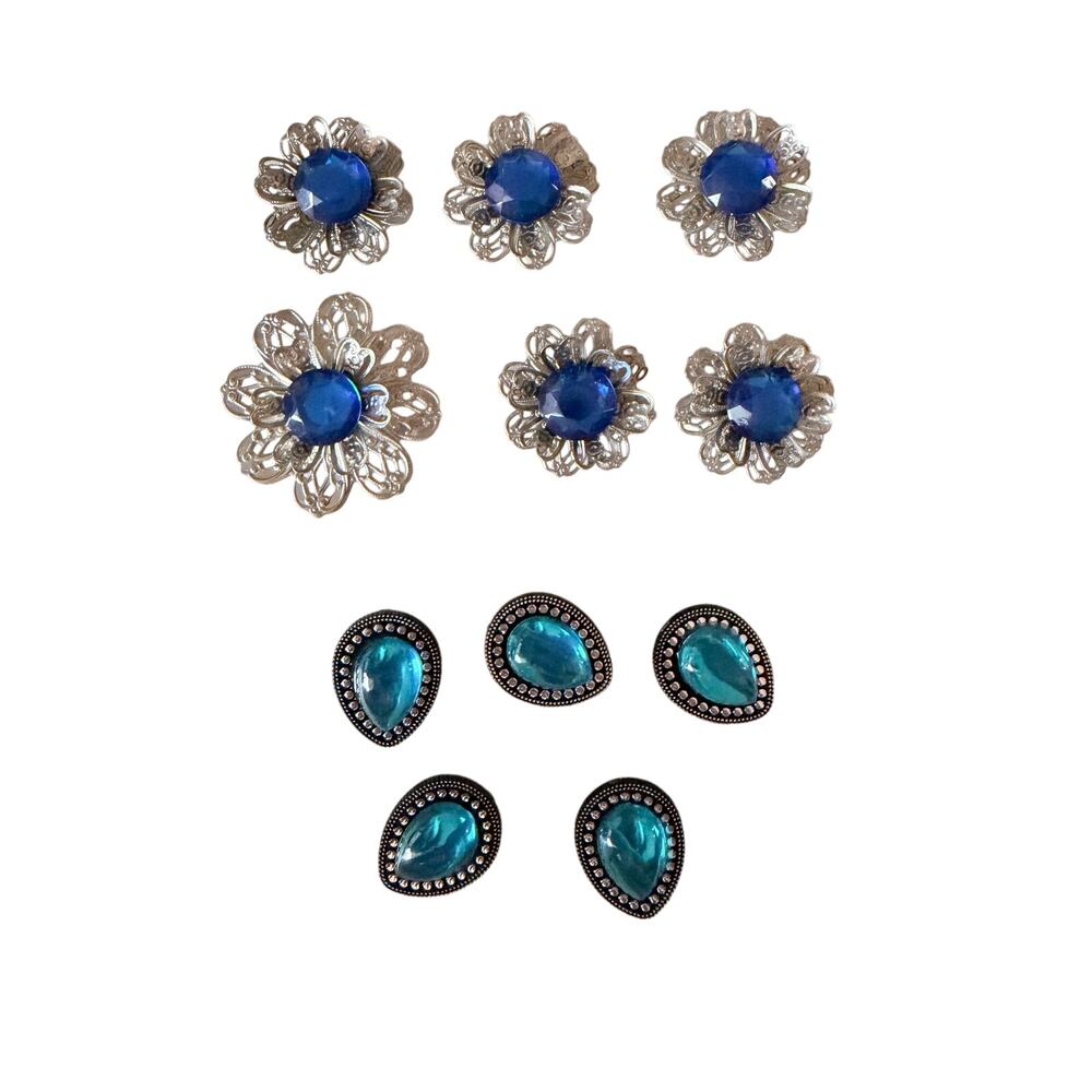 Vintage Mixed lot of 11 button covers silver blue rhinestones floral blouse